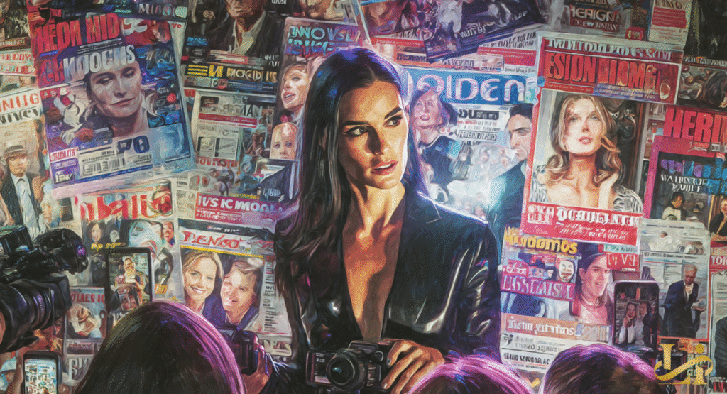 A woman with sleek dark hair and a determined expression, holding a camera, stands amidst a crowd of photographers and flashing lights. The dynamic scene captures the intensity of public image and media influence in celebrity life.