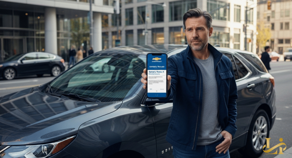 A concerned man stands next to a car on a city street, holding up a smartphone displaying a GMC Recall notification for a "Safety Recall." His serious expression and the clear message on the phone convey the urgency of vehicle safety updates for owners.