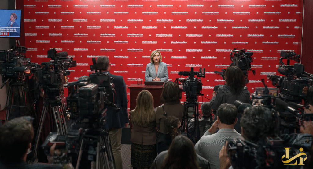 A central image of a smiling Melissa McCarthy is surrounded by a vast collage of movie and TV show posters from her career. This highlights her extensive filmography and versatile roles.