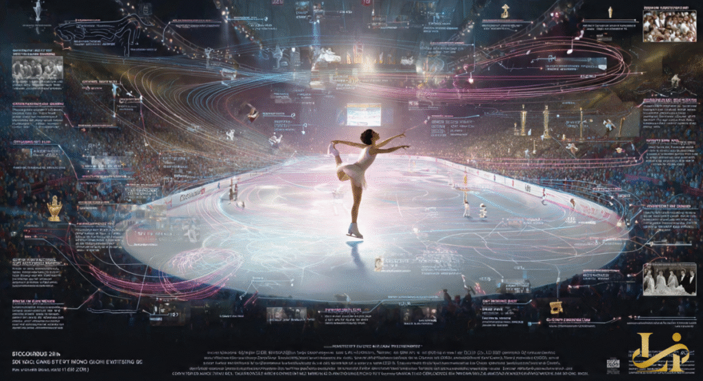 A figure skater performs a graceful pose on a brightly lit ice rink, surrounded by a complex infographic displaying records and achievements in figure skating. The visual emphasizes the technical and artistic journey of a champion, with historical data and accolades.