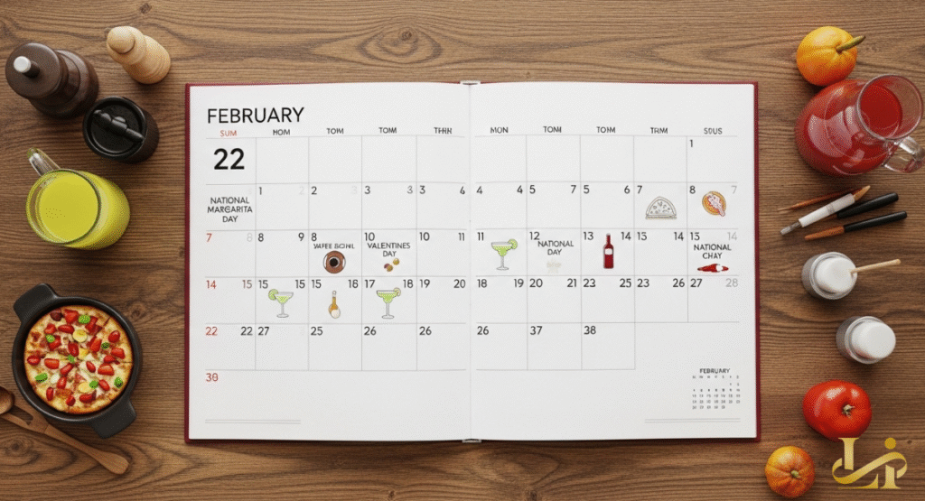 A calendar spread open to February, showing National Margarita Day highlighted on the 22nd. Various food and drink items are artfully arranged around the calendar on a wooden table.