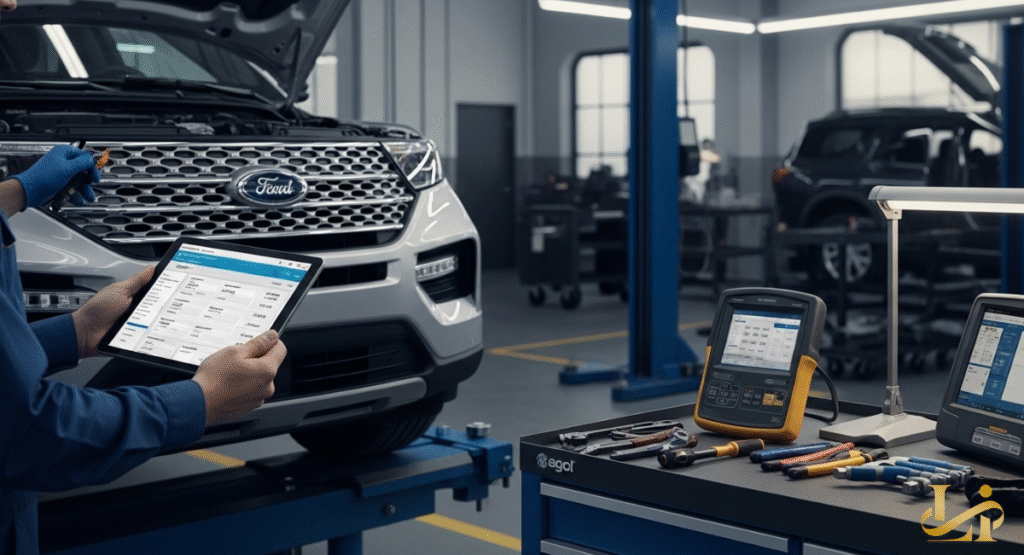 A mechanic in a garage uses a tablet to access repair details and cost information for a vehicle, with specialized diagnostic tools on the workbench. The focus is on the precise and transparent documentation of automotive service.