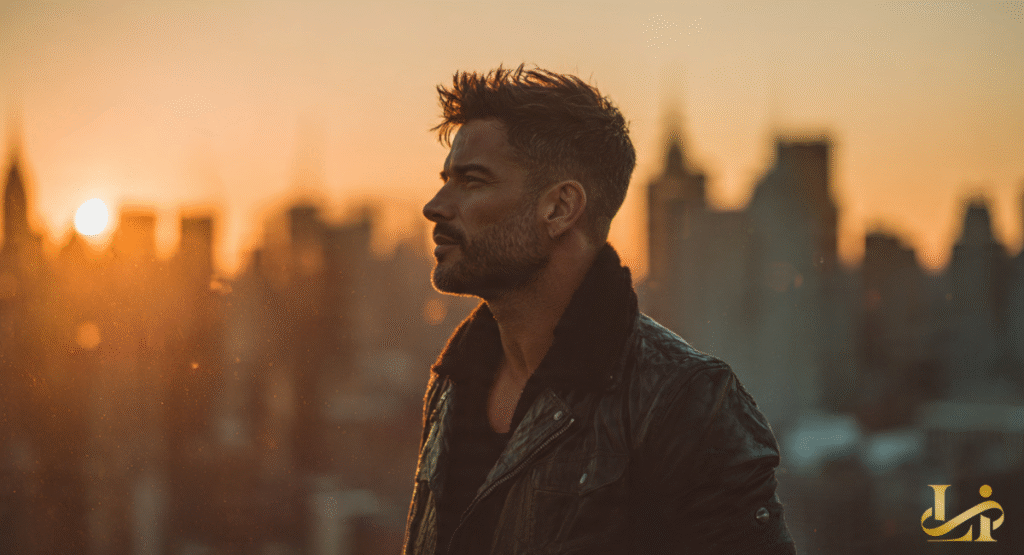 A man in a leather jacket looks out over a city skyline during a golden hour sunset. The skyscrapers of New York City are visible in the hazy distance.