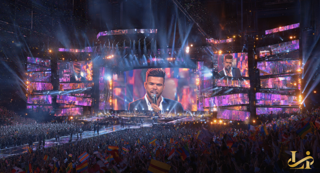 A wide shot of a massive concert stage featuring multiple large LED screens displaying a singer's face. A vast crowd of fans waves flags in a dark arena.
