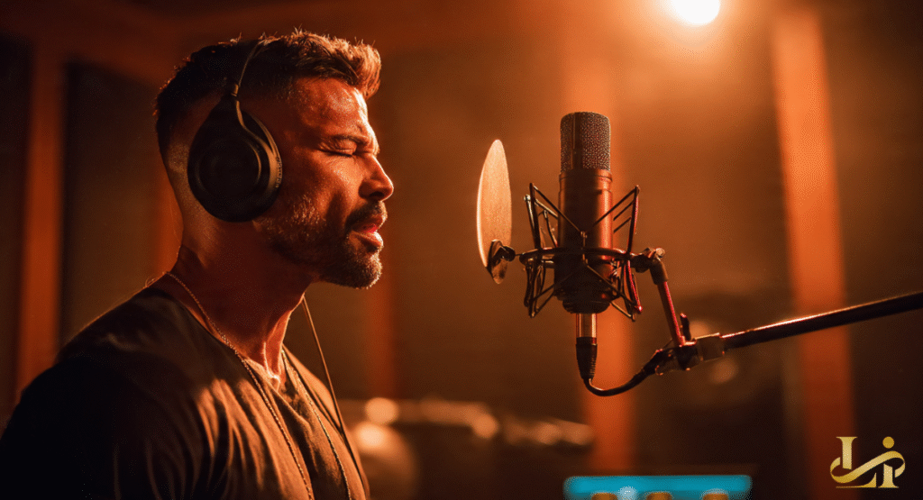 A man with a beard sings passionately into a professional studio microphone while wearing large headphones. The room is bathed in a warm, moody orange glow.
