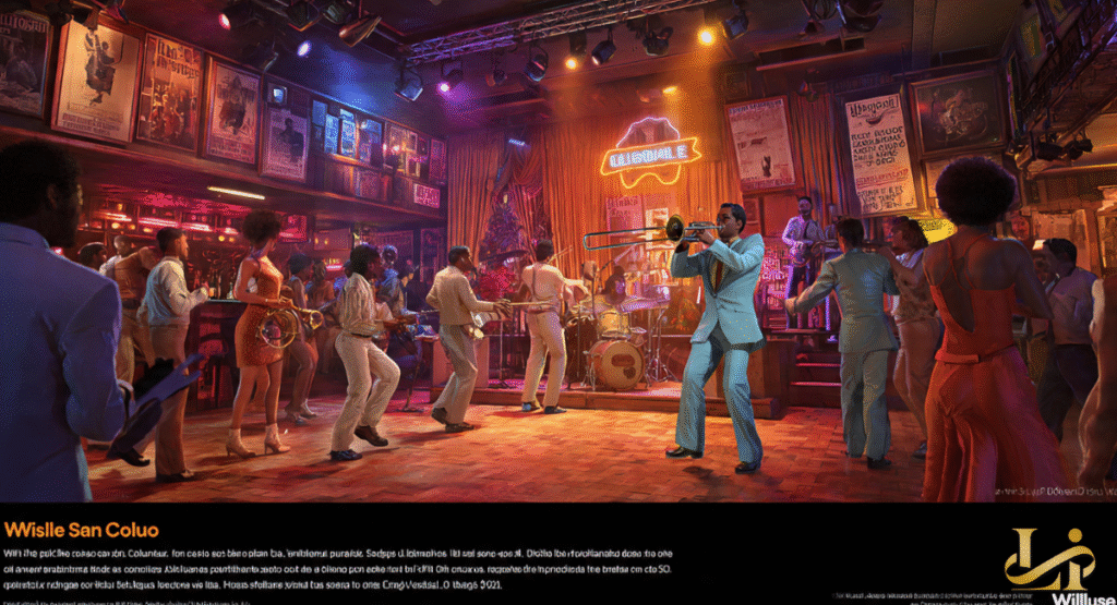 A musician playing trombone, reminiscent of Willie Colon, leads a lively salsa dance floor in a dimly lit club filled with dancing couples. The vibrant atmosphere is typical of Latin jazz and salsa venues.