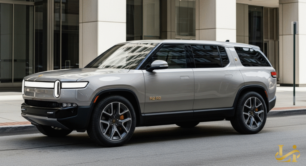 Three R2 units parked in a row, showing various potential trim colors and wheel designs. The vehicles are positioned in front of the Rivian manufacturing plant in Normal, Illinois.