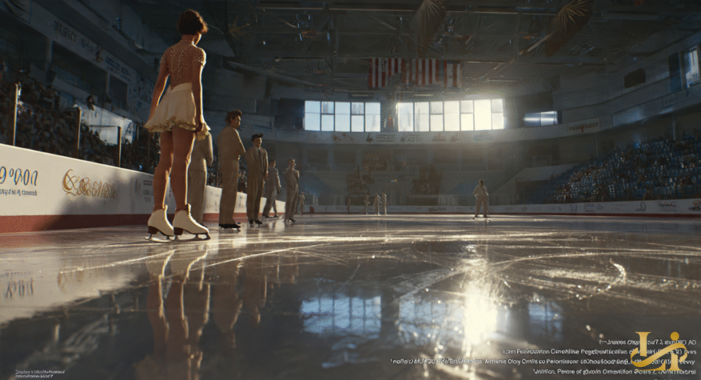 A figure skater, seen from behind, stands on the ice in an Olympic arena, looking towards coaches and judges. The bright stadium lights highlight the pristine ice, reflecting the anticipation of a performance.