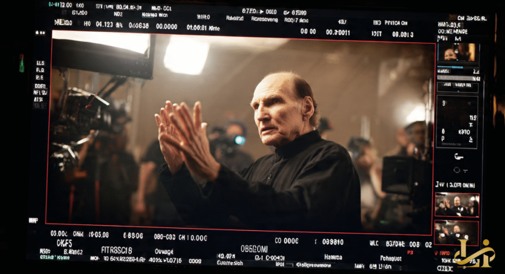 A view through a professional film monitor showing an actor in a black shirt gesturing expressively with his hands during a high-stakes scene.