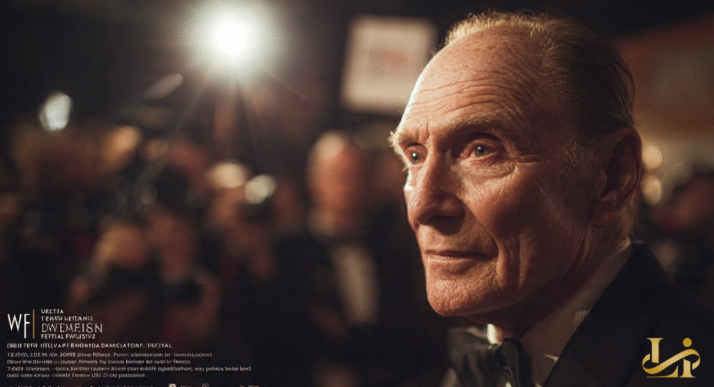 A close-up of a legendary actor in a tuxedo on a red carpet, with camera flashes blurring into bokeh in the background.