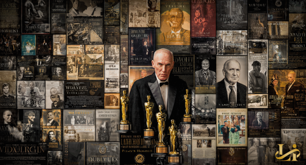 A montage of film posters, awards, and career highlights centered around a portrait of Robert Duvall wearing a tuxedo.
