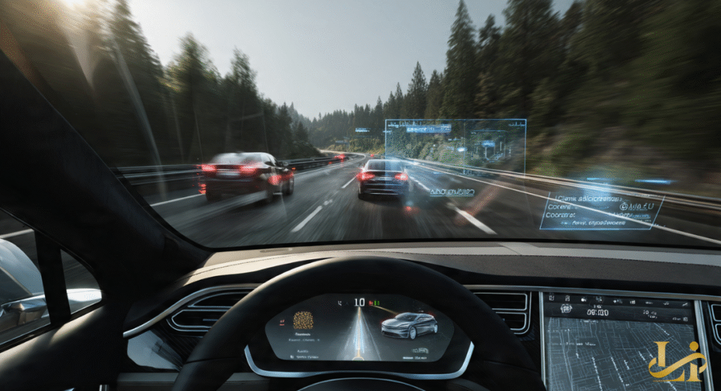 A diagram showing the 360-degree camera coverage and the forward-facing Tesla Vision sensors. Highlighted zones around the vehicle indicate the 250-meter range of the autonomous hardware.