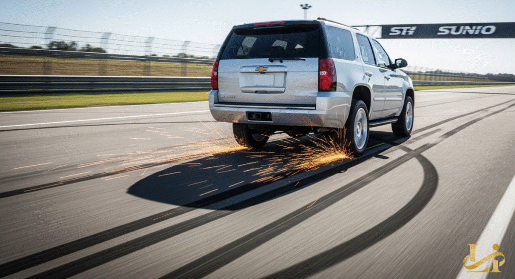 A silver SUV on a race track with sparks flying from its rear wheel during a sharp turn, leaving skid marks. The dynamic motion and visible sparks highlight a dramatic vehicle maneuver or a potential safety issue with tire friction.