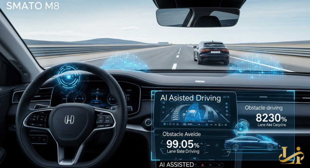 A first-person view from the driver's seat of a SMATO M8 showing an advanced AI-assisted driving interface.