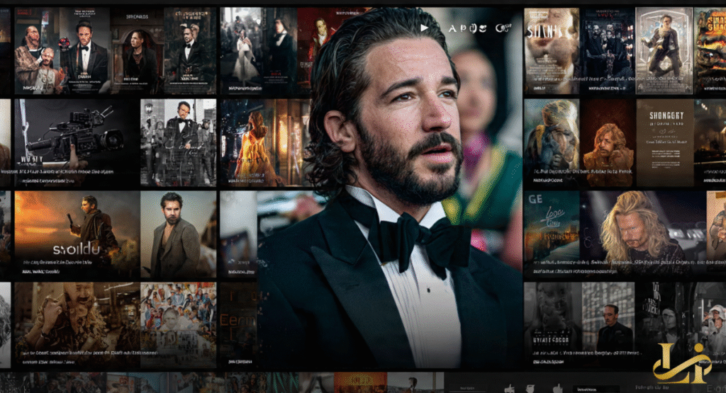A collage of movie posters and film stills surrounding a central image of a man in a tuxedo, Shia LaBeouf. This visual montage highlights key moments and roles from his extensive acting career.