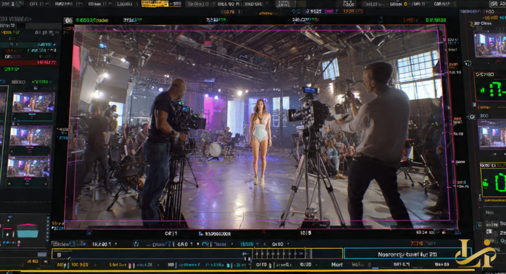 A view through a production monitor shows a woman in a light-colored leotard performing on a brightly lit stage, surrounded by cameras and crew. This captures the behind-the-scenes intensity of a TV or film production.