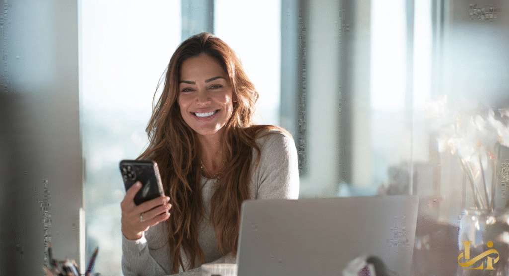 A woman with a cheerful expression sits at a desk with a laptop, looking up from her smartphone. She is in a bright, modern office with soft light filtering through a window.