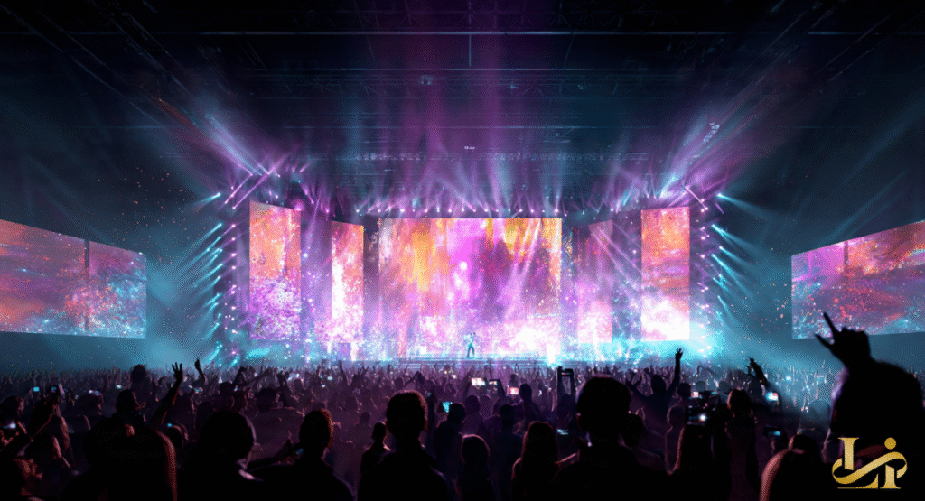 A bright, kaleidoscopic stage setup with towering LED screens displaying abstract, swirling colors.