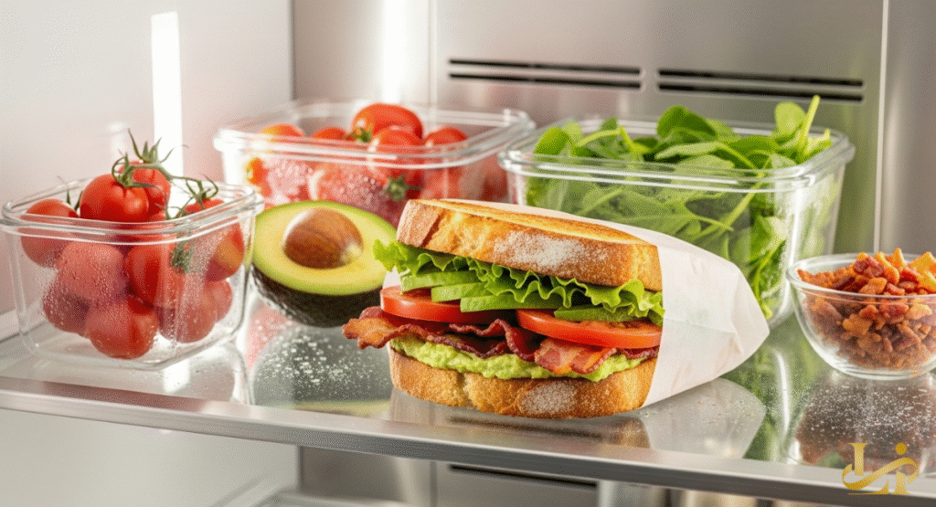 A pre-wrapped sandwich and glass containers filled with fresh tomatoes, lettuce, and bacon bits inside a modern refrigerator.