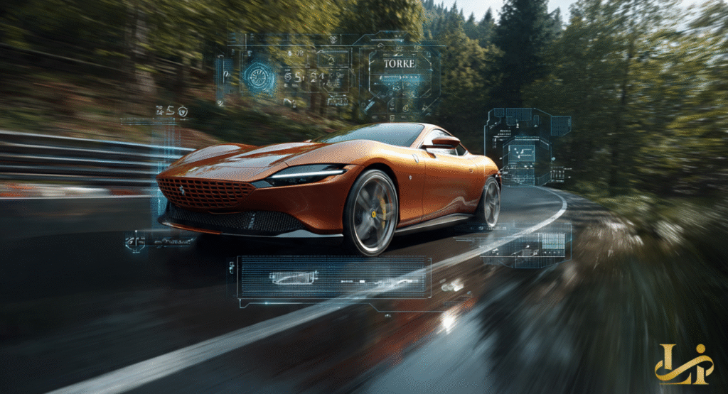 An orange Ferrari LUCE speeds through a forest road, accompanied by digital HUD overlays illustrating its driving dynamics.