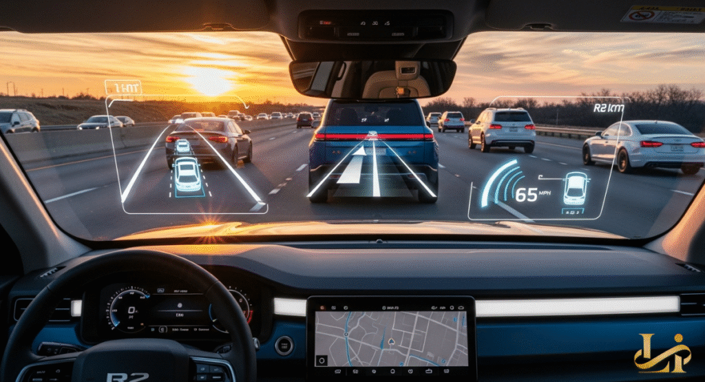 A view of the R2's 15.6-inch center touchscreen displaying a 360-degree camera feed. The steering wheel is visible, showing the new haptic control dials for climate and volume.