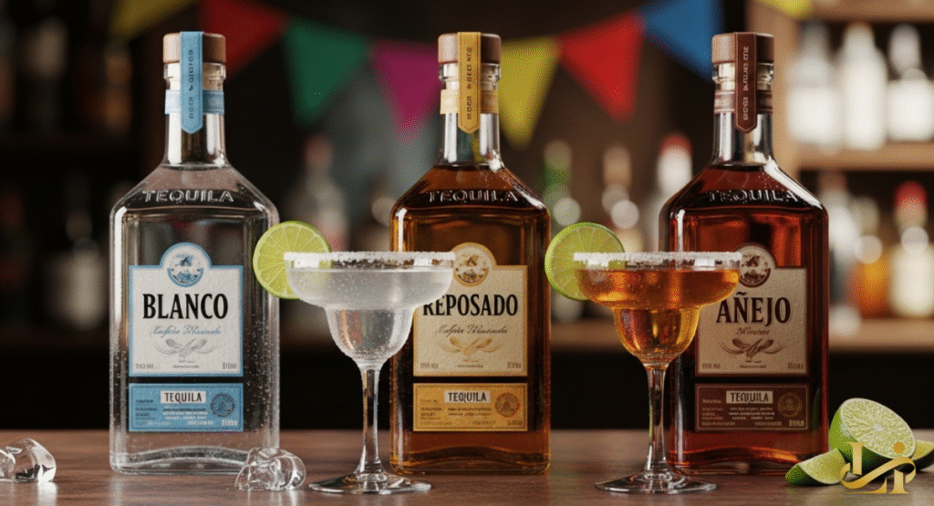 Three bottles of tequila—Blanco, Reposado, and Añejo—stand alongside two ready-to-drink margaritas. Lime slices and a salted rim adorn the margarita glasses, with a blurred bar setting in the background.
