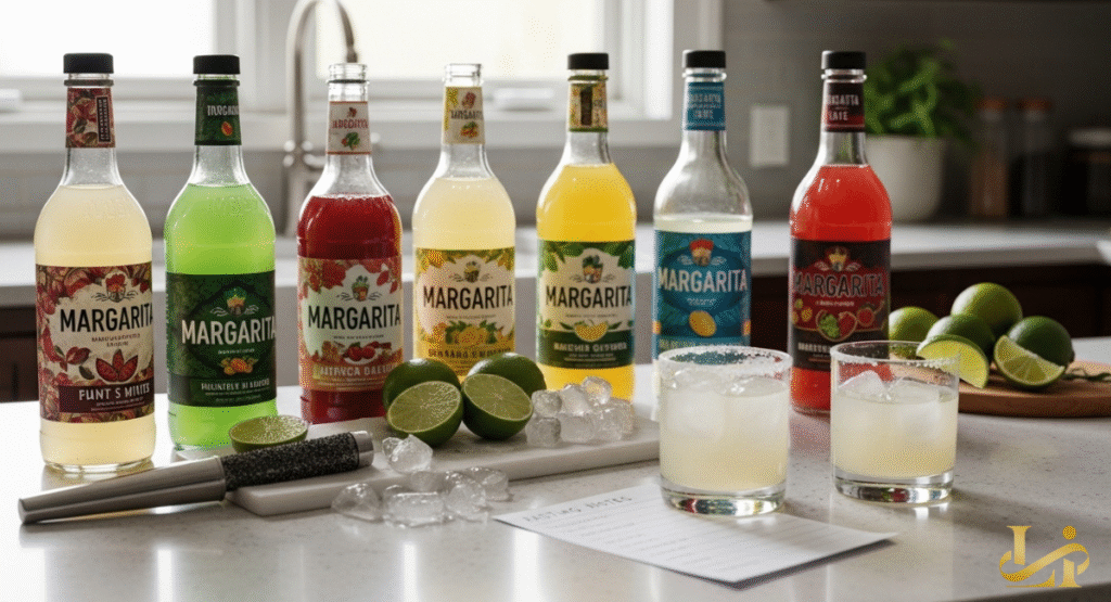 A vibrant lineup of various store-bought margarita mixes in bottles, arranged on a kitchen counter with fresh limes and ice. The display suggests a taste test is about to commence for these colorful cocktail bases.