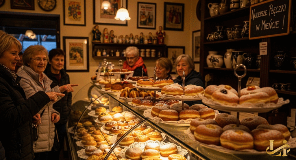 A group of women happily points at a display case brimming with countless fresh paczki and other baked goods in a bakery. The warm lighting highlights the golden-brown pastries, inviting customers to indulge.