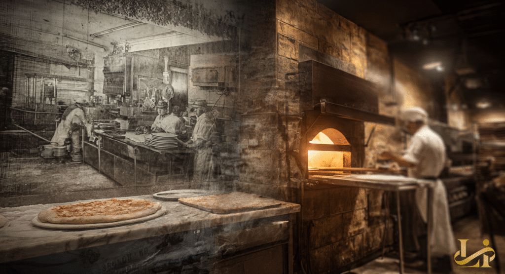 A split-screen visual juxtaposing a vintage black-and-white Italian bakery with a modern-day chef sliding a fresh pie into a glowing stone oven.