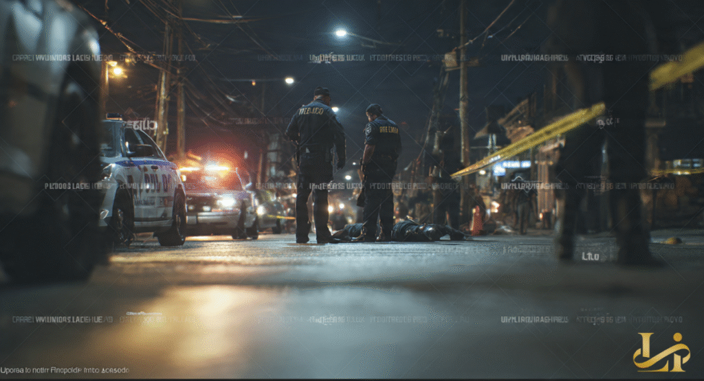 Two police officers stand over a prone figure on a dark street at night, with patrol cars and crime scene tape visible. The grim scene under streetlights suggests an ongoing investigation into a serious incident.