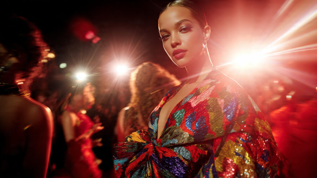 A side profile of a woman with white hair in a glittering, high-fashion gown. She stands amidst a swarm of paparazzi cameras and bright flashes at the Chappell Roan Grammys event.