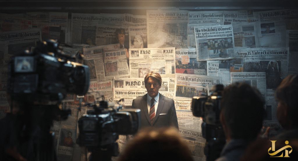 A man in a suit stands before a wall covered in overlapping newspaper clippings, facing a battery of news cameras. The setting suggests a press conference or a public statement amidst widespread media coverage.