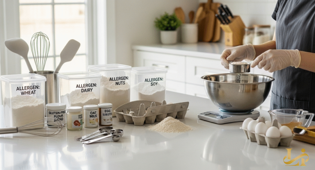 A baker in a clean kitchen wearing gloves and measuring flour near containers labeled for wheat, dairy, nuts, and soy.