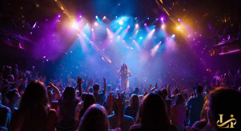 A wide shot of a performer on a brightly lit stage seen from behind a cheering crowd. Confetti falls through vibrant blue and purple spotlights during a live performance.