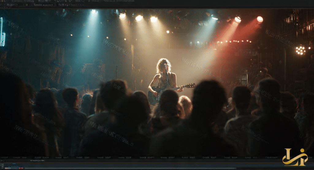 A wide shot from the audience of a female musician performing on a stage with a guitar under spotlights.