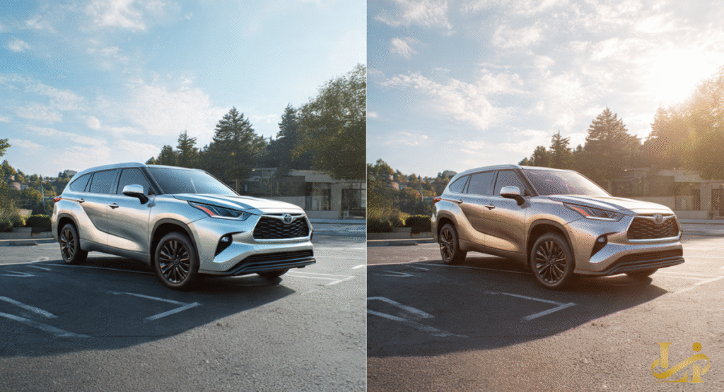 A side-by-side comparison of a silver SUV in a parking lot, showing slight variations in lighting and scale. The left side shows a cooler, midday light while the right side features a warmer, hazy sun flare.