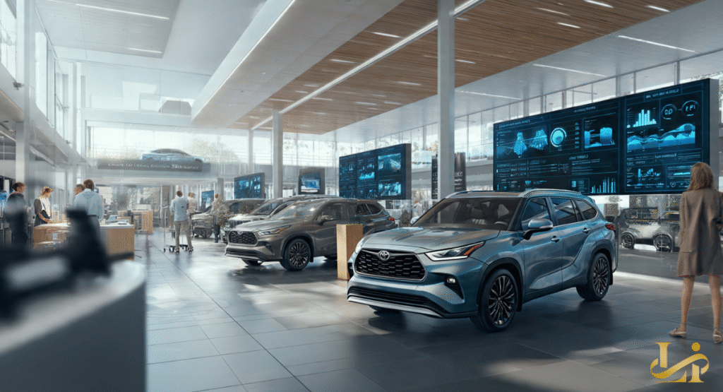 A modern, glass-walled Toyota dealership featuring several SUVs on a polished grey tile floor. Large digital displays in the background show data analytics, sales trends, and vehicle specifications.