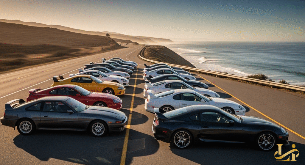 A long line of various generations of Toyota Supra models are parked side-by-side along a scenic coastal highway. The diverse collection showcases the evolution of the iconic sports car against a picturesque ocean backdrop.