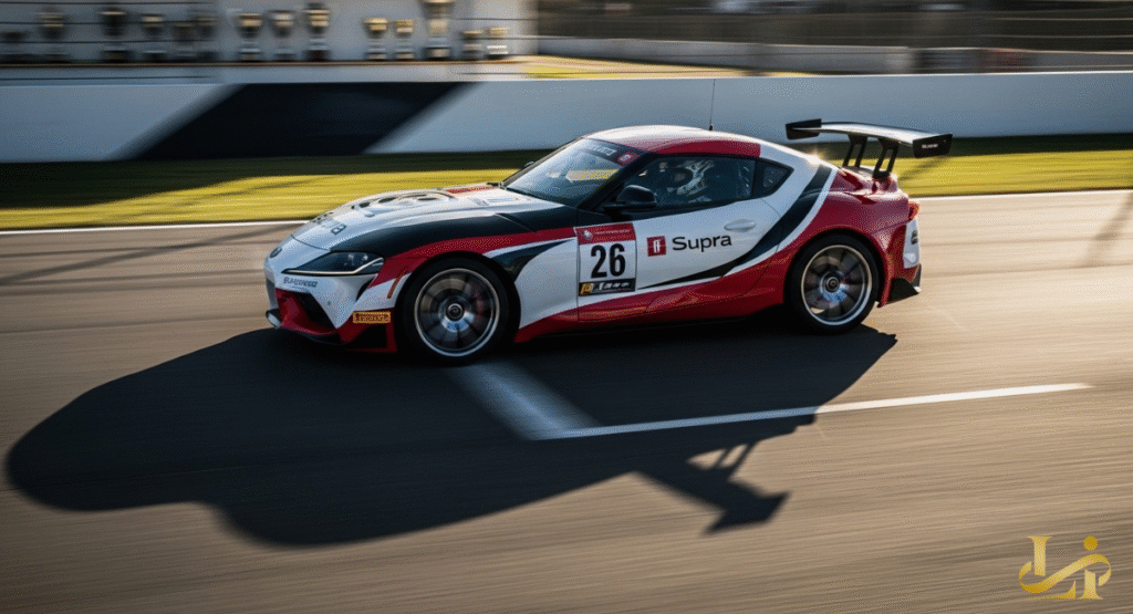 A red, white, and black race-prepped Toyota Supra speeds along a racetrack, casting a long shadow under bright sunlight. The car's aggressive aerodynamic features indicate its strong presence in motorsport competitions.