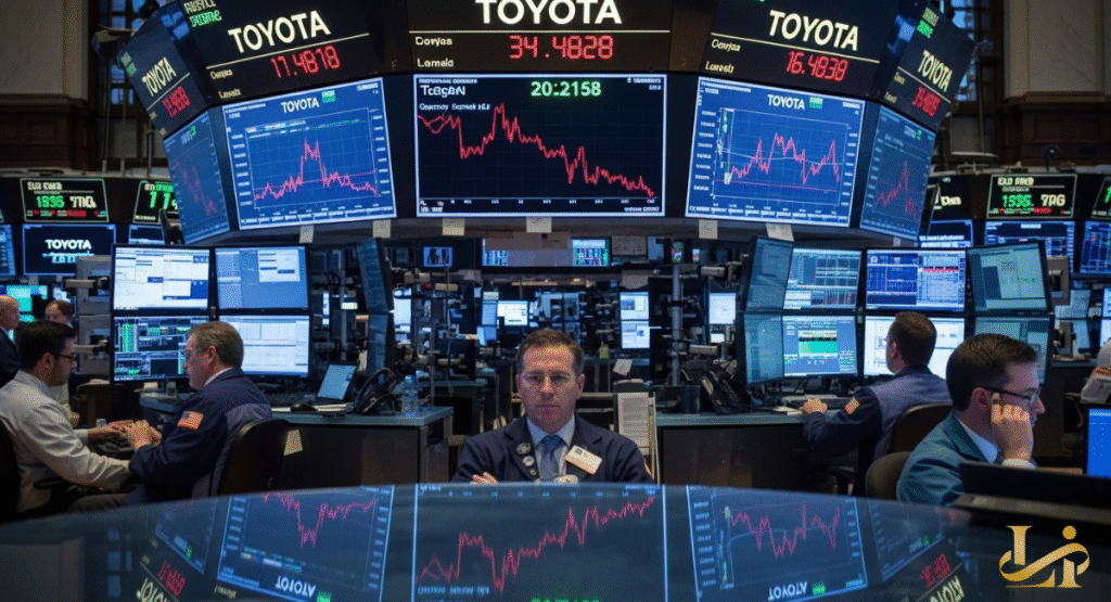 A digital stock market graph showing the Toyota Motor Corporation ticker symbol (TM) fluctuations. This visual represents the financial landscape during the time Toyota recalls over 141K vehicles.