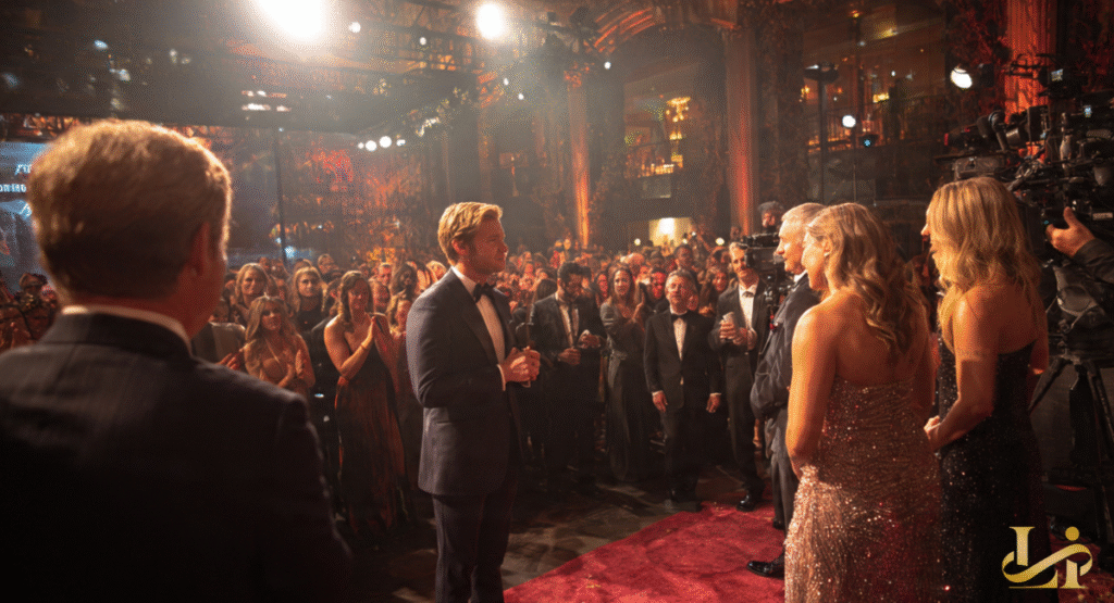 An actor in a sharp tuxedo addresses a crowded, formal gala. Warm stage lights and a red carpet create an atmosphere of celebration and prestige.