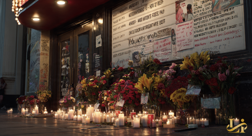 A solemn street scene with a building entrance adorned with numerous bouquets of flowers, lit candles, and handwritten notes, forming a memorial. This heartfelt tribute reflects a community's outpouring of grief and remembrance.