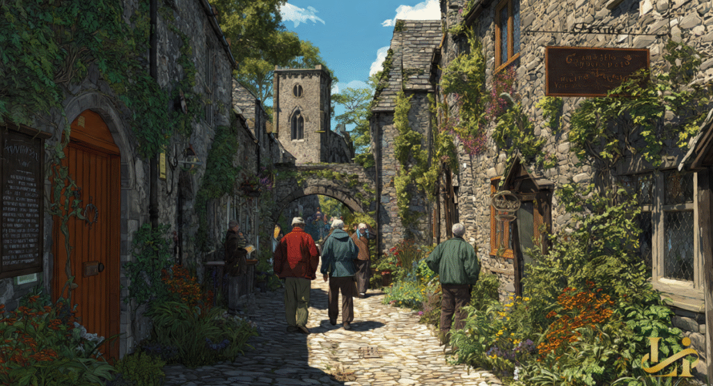 Visitors walk down a narrow, cobblestone alleyway lined with stone buildings and colorful flowers. An ancient stone church tower stands prominently in the background.