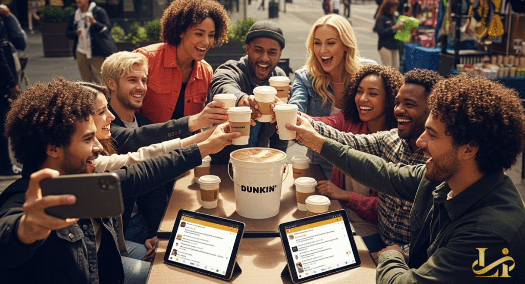 A diverse group of excited friends toast with Dunkin' coffee cups around a table, featuring a central "Dunkin' Bucket" and tablets displaying social media comments. This shows how fans are reacting to the Dunkin Bucket.