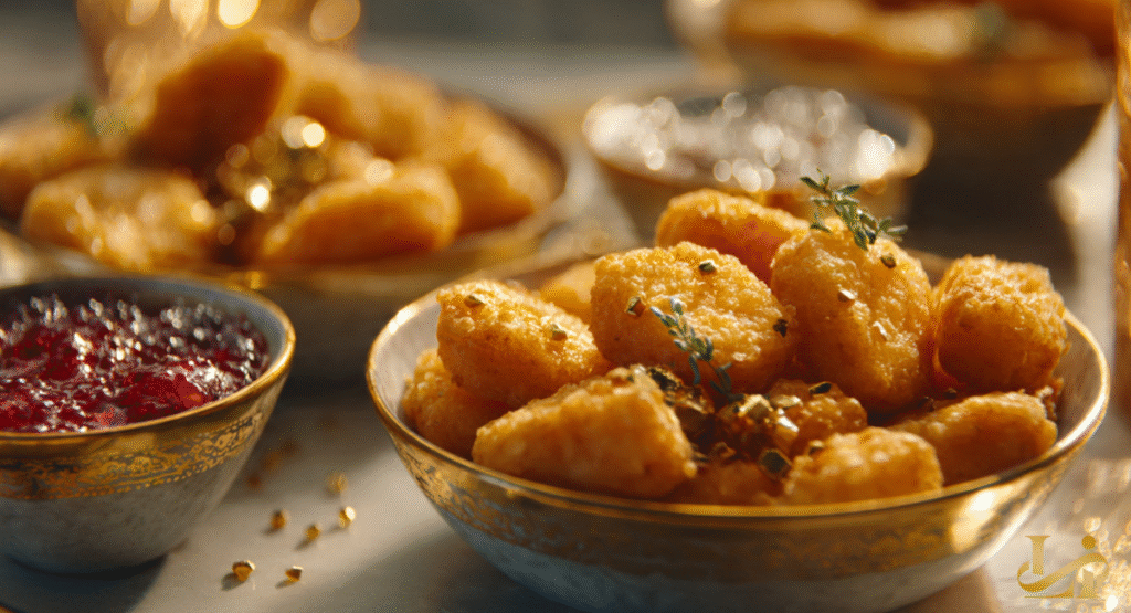 A close-up of a McDonald's branded tin filled with black Baerii Sturgeon caviar. The tin sits next to a pile of golden-brown Chicken McNuggets on a plate.