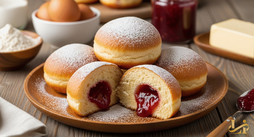 A wooden plate holds several powdered sugar-dusted paczki, one cut open to reveal a rich red jam filling. Ingredients like flour, eggs, butter, and more jam are visible in the background.