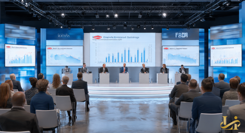 A professional panel of experts sits on a stage at a health conference, addressing an audience about nutrition data. Large screens in the background display complex bar charts and statistical trends regarding food safety and regulations.