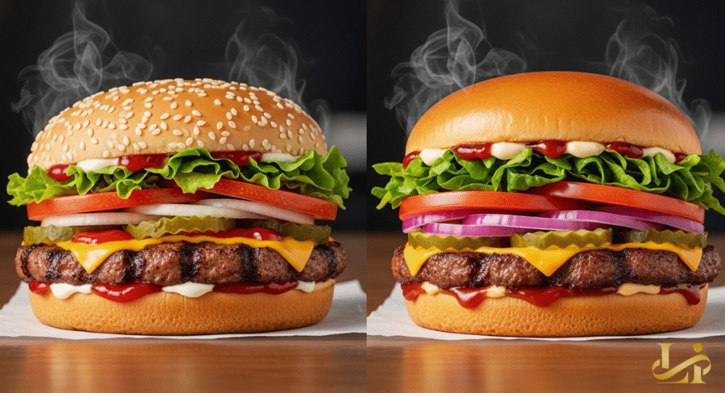 A split image showing two different premium burgers side-by-side, each featuring fresh vegetables, melted cheese, and a juicy patty. The comparison highlights the subtle distinctions in ingredients and preparation that define premium upgrades.