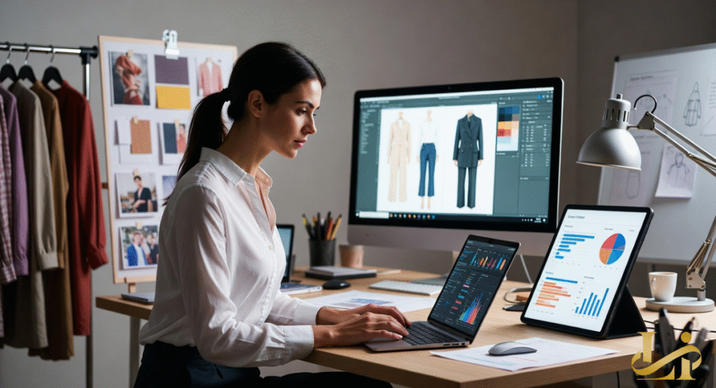 A high-resolution photograph of Danielle Bernstein, the founder of WeWoreWhat, seated at a wooden cafe table while focused on her smartphone.
