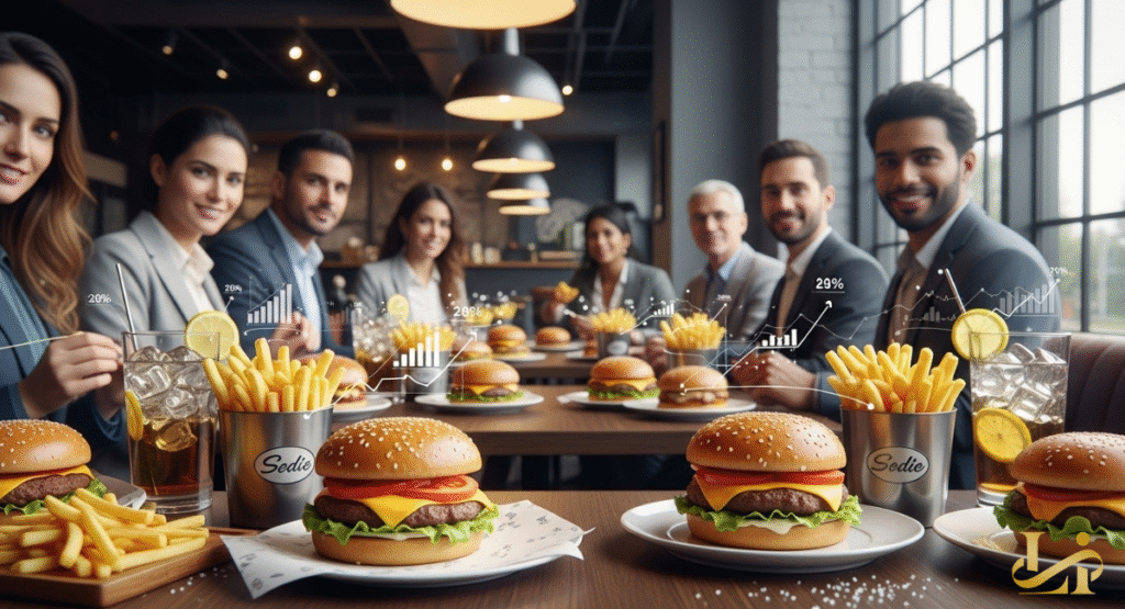A group of diverse professionals dining at a fast-food restaurant, enjoying burgers and fries, with holographic graphs illustrating market trends. The scene connects consumer dining habits with broader fast-food industry trends in the US.